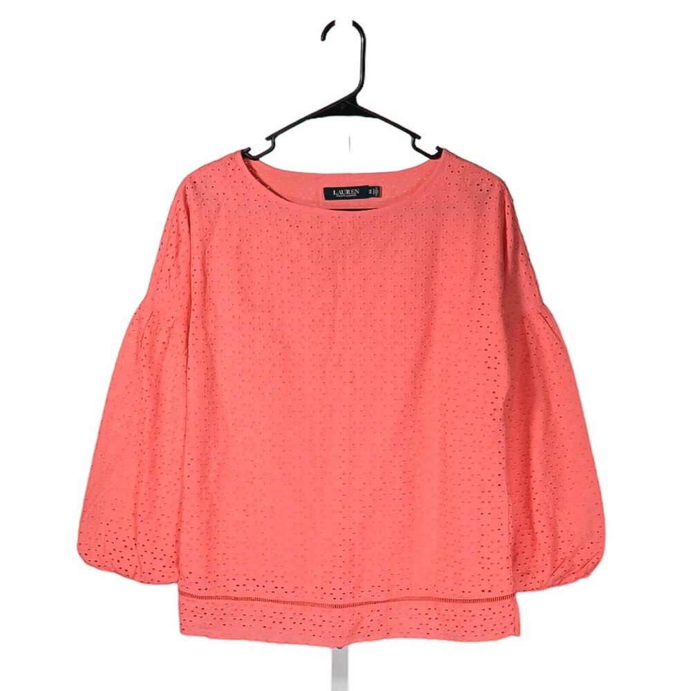 Ralph Lauren Women's Blouse Pink Floral Eyelet Lined Puff Sleeve Shirt Top XS